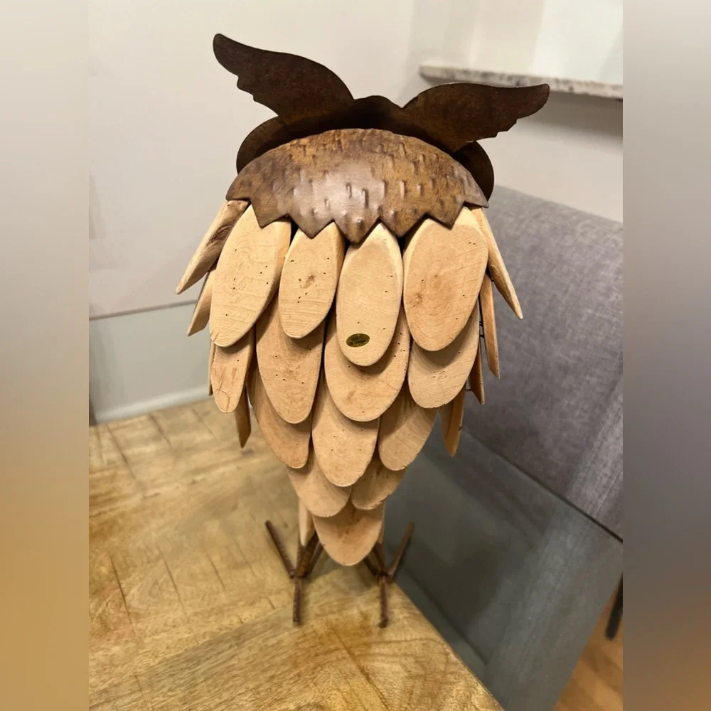 Unique Driftwood Galvanized Metal Amber Color Eyes Owl Lover Handmade Home Decor
